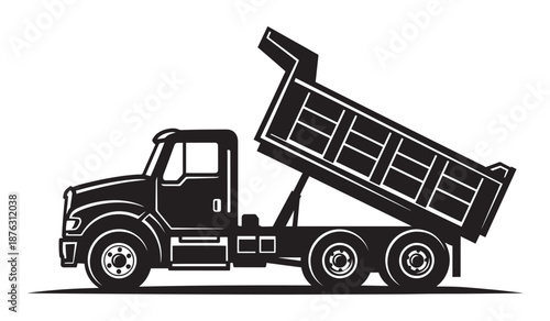Black dump truck silhouette isolated on white background
