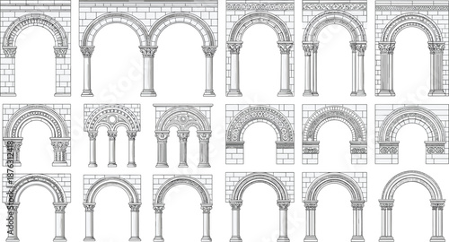 Romanesque architecture column and arch study vector illustration, 18 styles with decorative capitals and arch shapes for history, design, and educational themes
