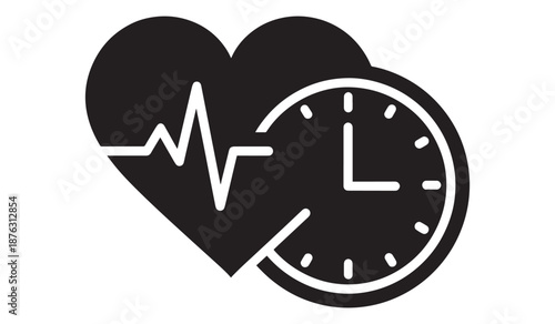 Heart rate and clock symbol isolated on white background
