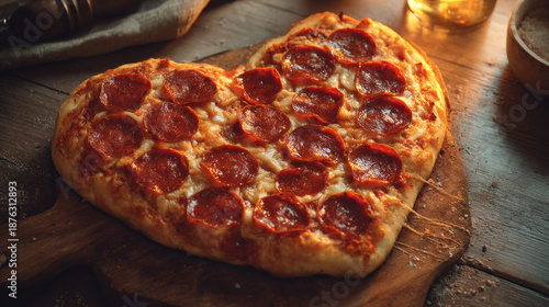 A festive pepperoni pizza crafted into a heart shape to celebrate the Valentines Day holiday