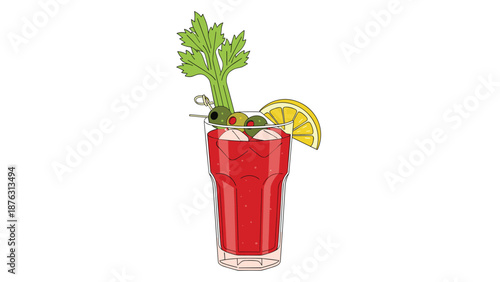 A classic Bloody Mary cocktail in a tall glass, garnished with a celery stalk, olives, and a lemon slice illustration.