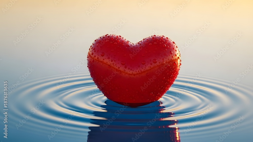 Fototapeta premium Red heart floating in calm water ripples. Peace and emotional wellness concept. Wet heart shape reflecting on blue liquid surface with sunset light