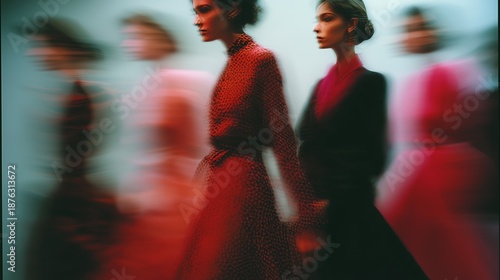 Stylized motion blur image capturing models in vibrant red dresses, creating a dynamic, artistic portrayal of a fashion runway.