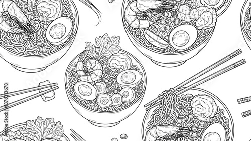 A detailed, black and white seamless pattern of delicious Asian ramen noodle soup bowls in a hand-drawn line art style.
