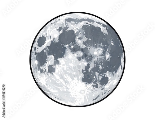 Detailed digital illustration of the moon, showing craters and surface texture against a white background