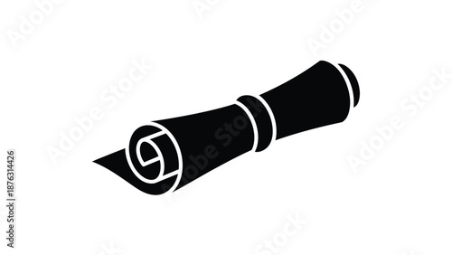 Black rolled up parchment scroll with white accents on a plain background