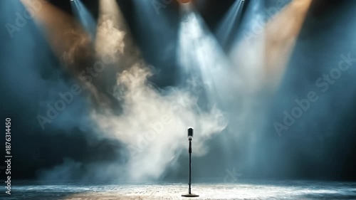Vintage Microphone on Stage Dramatic Performance with Spotlight and Smoke in Theater Atmosphere