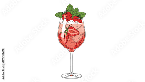 An elegant illustration of a refreshing strawberry spritz cocktail in a wine glass with ice, fresh strawberries, and mint.