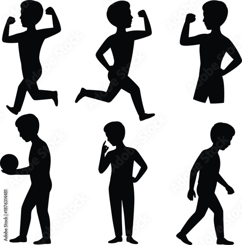 Boy silhouette set, kid running walking thinking playing ball, active child poses, black vector illustration collection isolated