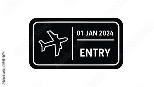 Airport entry stamp with airplane icon and date on black background