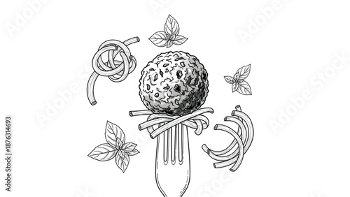 Italian meatball speared on a fork with tangled spaghetti and fresh basil leaves, depicted in a vintage black and white engraving style.