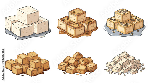 Collection of six different tofu illustrations, showing plain, marinated, and fried bean curd in various forms like cubes and blocks.