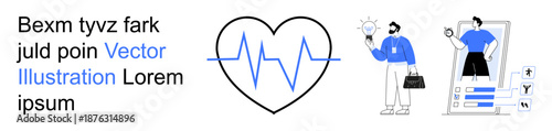Health monitoring, technology innovation, online services, fitness apps, telemedicine, inspiration. Heart with heartbeat line, person with lightbulb and digital fitness platform. Health monitoring