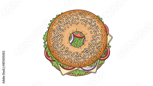 Colorful top-down illustration of a delicious bagel sandwich with sesame seeds, filled with lettuce, cheese, tomatoes, and red onions.
