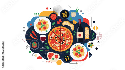 Modern flat design collage of classic Italian food and drinks, including pizza, pasta, and red wine, with abstract geometric shapes.