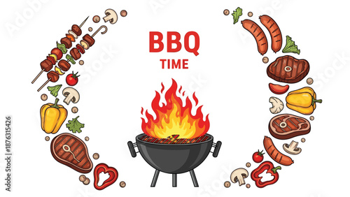 Barbecue cookout invitation or poster design with a flaming charcoal grill in the center, framed by various fresh grilled foods.