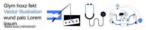 Cybersecurity, phishing prevention, data protection, medical data security, digital safety, artificial intelligence. A phishing hook, cybersecurity lock icons stethoscope and robot. Cybersecurity