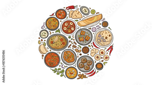 Circular composition of various popular Indian food dishes, including curry, biryani, dosa, and naan, viewed from the top down.