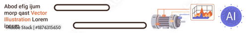 Artificial intelligence, industrial automation, performance analytics, energy optimization, machinery efficiency, data visualization. Electric motor with a graph and AI symbol. Industrial automation