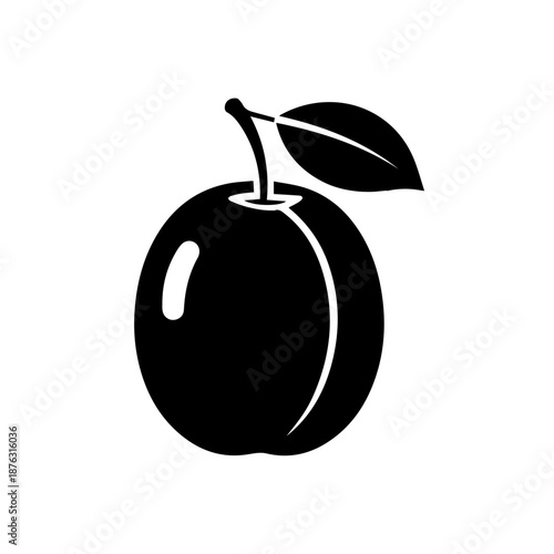 Single black plum with leaf isolated on white background, Vector
