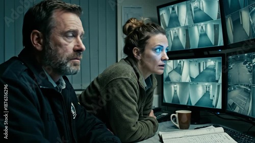 Intently Focused Man and Woman Monitor Surveillance Screens in Dimly Lit Room, Conveying Security Concerns and Fatigue
