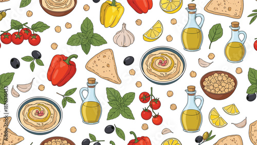 Colorful seamless pattern background with hand-drawn hummus bowls and fresh ingredients like chickpeas, olive oil, and vegetables.
