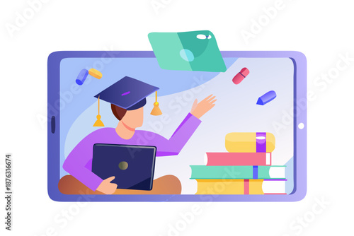 Vector scene of a student attending an online class on a tablet with books and graduation cap icons floating around, flat bright colors.