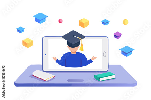Vector scene of a student attending an online class on a tablet with books and graduation cap icons floating around, flat bright colors.