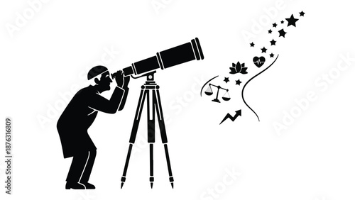 Man gazes through telescope, envisioning a future of symbols representing growth and well-being.