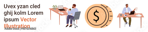 Remote work, financial services, digital economy, modern business, freelance operations, workplace productivity. Two professionals working at desks with a coin icon in the center. Remote work