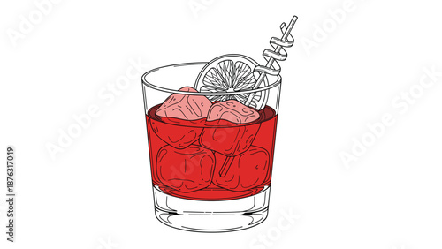Minimalist line art illustration of a classic Negroni cocktail in a rocks glass with a large ice cube and an orange peel garnish.