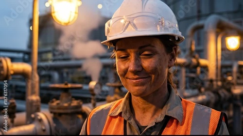 Confident Female Engineer in Hard Hat and Safety Vest Smiling with Determination at Industrial Site Surrounded by Pipes and Machinery