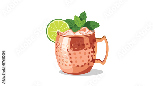 Refreshing Moscow Mule cocktail served in a classic copper mug, garnished with a lime wedge and fresh mint leaves on a white background.