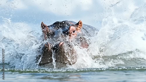 Hippopotamus Emerges from Water, Splashing and Creating Waves in the River.