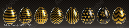 Golden Easter eggs set isolated on transparent. Vector realistic illustration of gold holiday shape with creative black stripe, dot, heart, splash pattern on eggshell, greeting card design elements