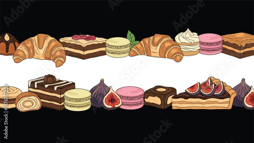 Seamless horizontal border or divider with a delicious assortment of hand-drawn French pastries like croissants, macarons, and cakes.
