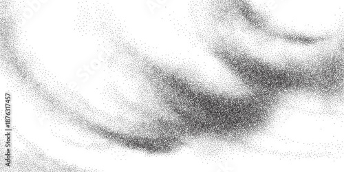 Black halftone dot waves on white background. Vector realistic illustration of abstract shapes, stipple gradient pattern, grainy texture, grunge paint spray effect, liquid spot texture, dotwork fluid