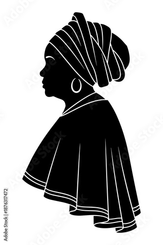 Black woman profile silhouette wearing traditional headwrap and large hoop earring