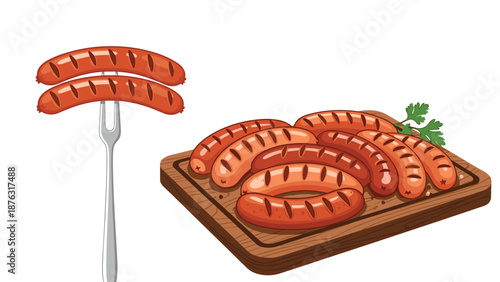 Delicious grilled sausages served on a wooden cutting board with parsley and two sausages speared on a fork, in a cartoon style.