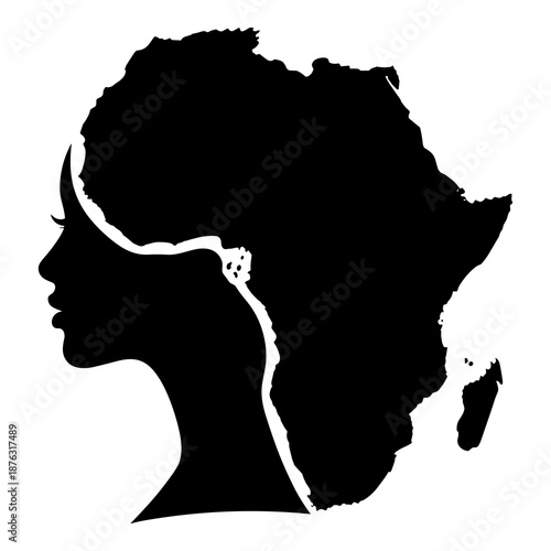 Silhouette of African woman merging profile with continent map design