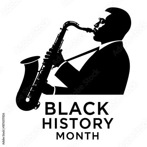 Black history month logo featuring a silhouette of a jazz saxophone player
