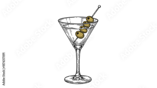 Classic martini cocktail served in an elegant martini glass and garnished with three green olives, in a vintage hand-drawn style.