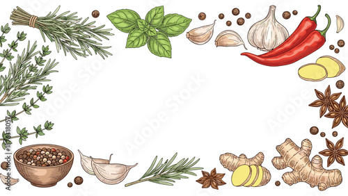 Food frame with a border of various fresh herbs and aromatic spices like rosemary, basil, chili peppers, ginger, and peppercorns.