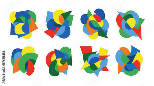 Abstract arrangement of colorful geometric shapes and overlapping forms in a modern design