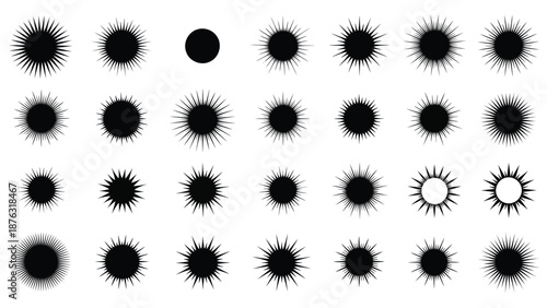 A collection of black circular shapes with radiating spiky lines on white