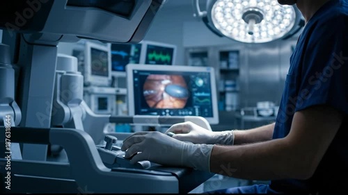 Surgeon Operates Robotic Equipment and System in Modern Operating Room, Focusing on Precision, Technology, and Medical Healthcare