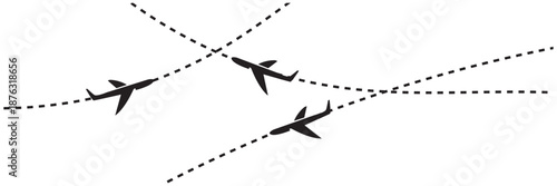 Airplane flight path pattern illustration. Minimal airplane icons with dashed flight routes on white background, representing air travel, navigation, and global transportation concept.

