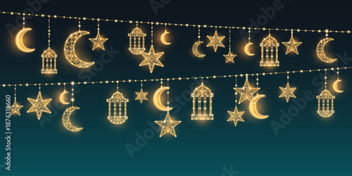 Eid Ramadan lights garland on dark blue background. Vector realistic illustration of golden crescent, star, lantern pendants glowing in night darkness, golden lamp ornament, islamic religious poster