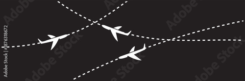 Airplane flight path pattern illustration. Minimal airplane icons with dashed flight routes on black background, representing air travel, navigation, and global transportation concept.

