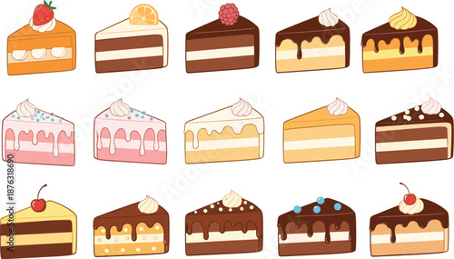 Assorted cake slice collection with chocolate vanilla fruit flavors flat vector illustration isolated on white background